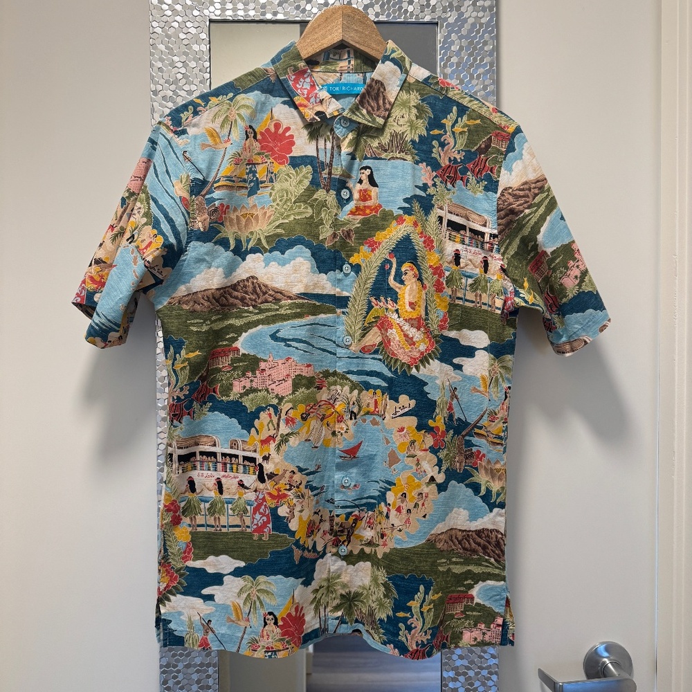 Men's Tori Richard Boat Day Aloha Shirt, Lagoon color, Medium